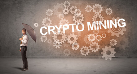 Businessman defending with umbrella concept