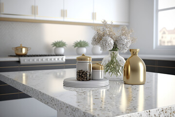 Luxury kitchen with white gold items. White gold kitchen countertop on blurred background. Modern luxury white kitchen interior scene. Realistic 3D illustration. Creative AI
