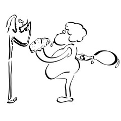 greedy fat man eats a bun and hides a fat ham behind his back, and a thin poor man is going to eat an apple that a surprised worm eats