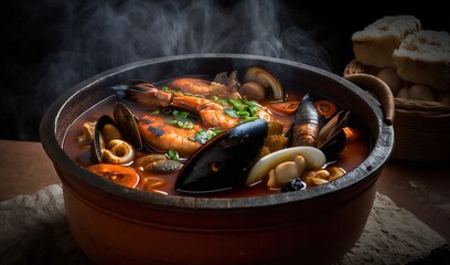  a bowl of seafood and mussels is shown with steam coming out of it.  generative ai