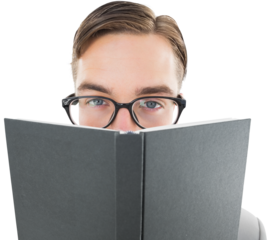 Geeky man looking over book