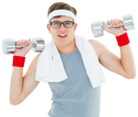 Geeky hipster lifting heavy dumbbells
