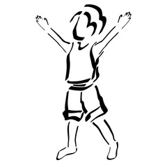 child walks, cheerfully raising both hands up, black outline