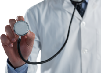 Mid-section of male doctor using stethoscope