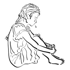 cute girl crying and her tears fall into a cup with a drink in her hands pressed to her feet, black sketch on white
