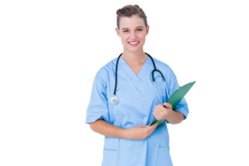 Smiling nurse holding clipboard 