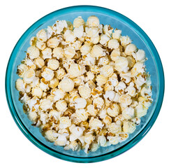 Round glass bowl full of popcorn isolated on transparent background.