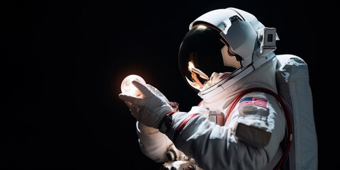 astronaut holding a light bulb copy space. generative ai