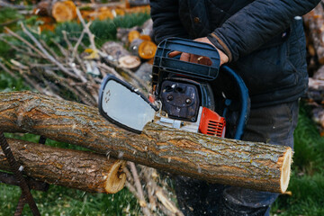 Close up shot of a male hand cutting a piece of firewood with a chainsaw in spring.
