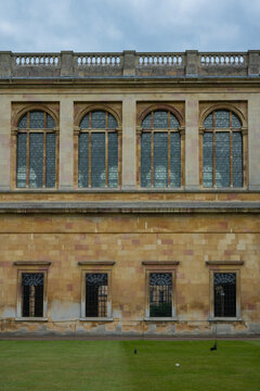 Medieval architecture and historical windows of Nevile's Court at Trinity College in Cambridge