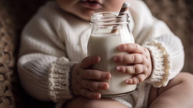 child holding a bottle of milk generative ai