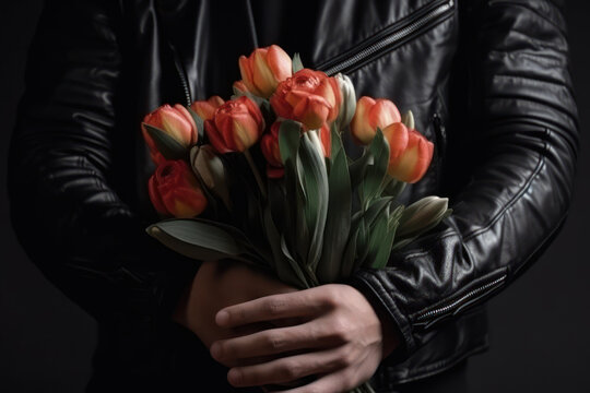man in a leather jacket with flowers for a woman generative ai