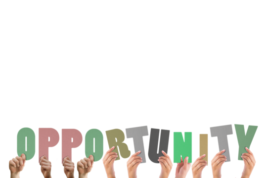 Colorful alphabet spelling opportunity held up by people - Powered by Adobe