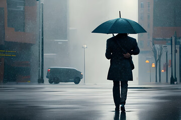 The man is carrying an umbrella in the quiet city because of the rain, Generative AI