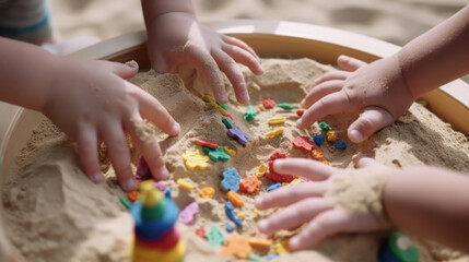 children hands in the sandbox, children play with sand. generative ai
