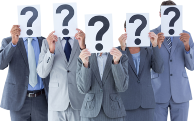 Business colleagues hiding their face with question mark sign