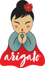Cartoon japanese woman greeting with arigato text icon