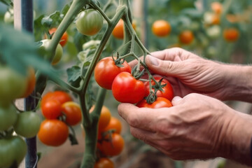 gardener hand pick red tomato generative ai - obrazy, fototapety, plakaty