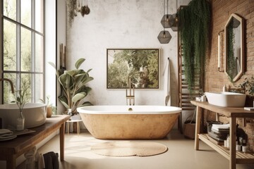Fototapeta na wymiar a lavish bathroom with a bathtub, a mock up picture frame on a stunning wall, decorated with cozy furnishings and plants,. Generative AI