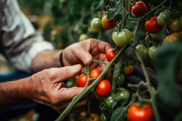 Fotobehang gardener hand pick red tomato generative ai © Poter