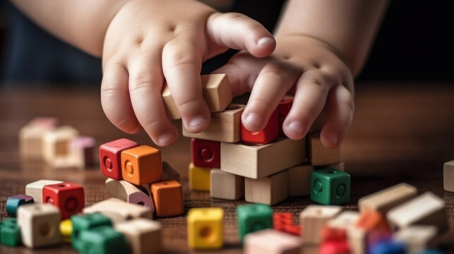 child hand play with wooden cubes, development of fine motor skills in children generative ai