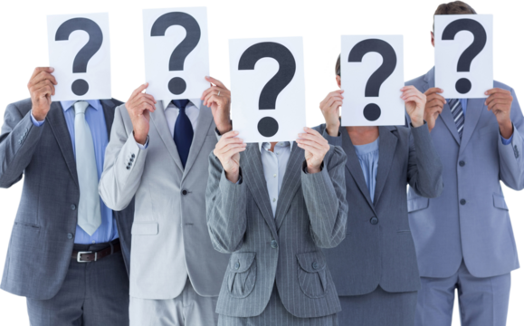 Business colleagues hiding their face with question mark sign - Powered by Adobe
