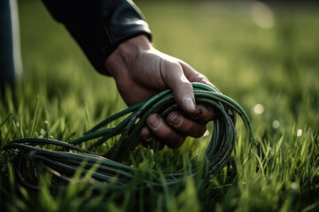 electric cable on a grass, lawn mower wire generative ai