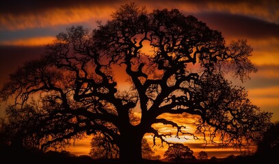  a large tree in the middle of a sunset with clouds in the background.  generative ai