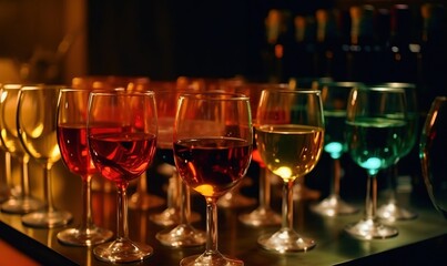  a row of wine glasses sitting on top of a table.  generative ai