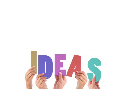 Colorful alphabet spelling ideas held up by people 