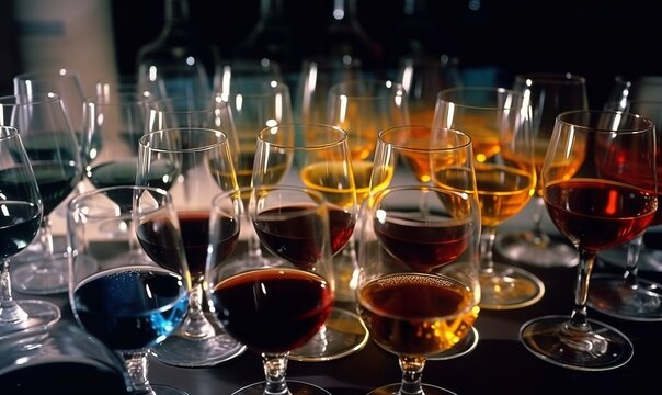  a bunch of wine glasses are lined up on a table.  generative ai