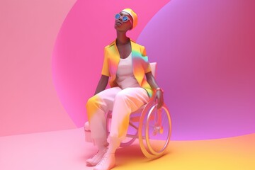 Fototapeta na wymiar Black queer disabled, lesbian in rainbowcolours in wheelchair at gay pride, stop or prohibit discrimination against someone because of a disability or sexual orientation, created with generative ai
