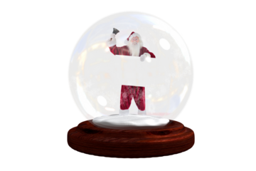Santa ringing bell and holding sign in snow globe