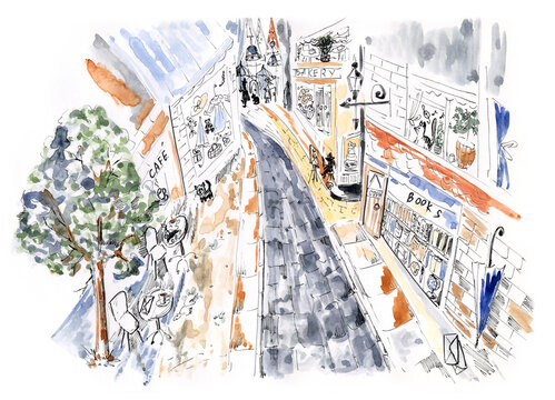 Small town street watercolor and ink pen illustration. It is cozy raining outside, but there are several warm stores - bakery, cafe, book shop, church, clothes. Nice modern art for greeting cards