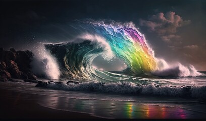  a rainbow colored wave crashing into the shore of a beach.  generative ai