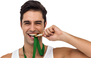 Athlete posing with gold medals