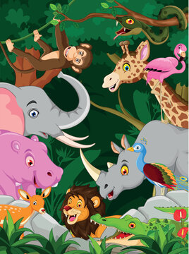 cute wild animals cartoon with forest background