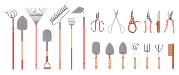 Big set gardening tools for farmer garden household. Agriculture tools drawn in flat cartoon style isolated on white background.