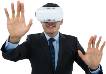 Businessman gesturing while wearing vr glasses