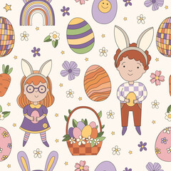 Happy Easter Seamless pattern with boy in bunny ears and girl in bunny ears. Cute easter groovy pattern with basket, eggs, flowers, carrot on beige background. Vector illustration