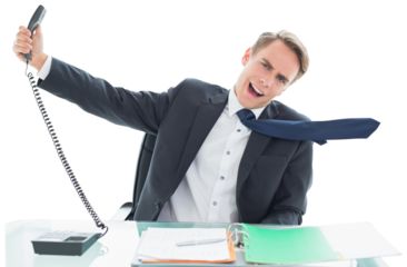 Businessman shouting as he holds out phone