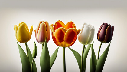 Obraz premium Tulip flowers isolated on white background. Happy Mother's Day, Birthday, anniversary or Valentine's Day concept background. Generative AI