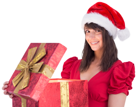 Festive brunette holding a gift