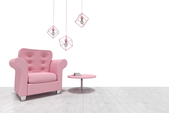 Decoration over pink armchair and table 