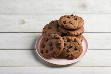 chocolate chip cookies on wooden background, chocolate chip cookies on wooden table, chocolate chip cookies on a pink plate on a white wooden table
