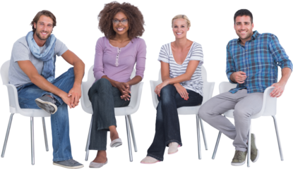 Stylish people sitting and smiling at camera