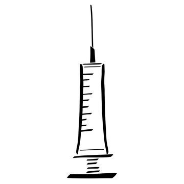 standing syringe with needle and markup, medicine and health, abstract black outline