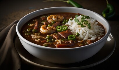  a bowl of soup with shrimp, rice and green peppers.  generative ai
