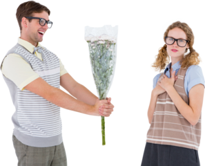 Geeky hipster offering flowers to his girlfriend 