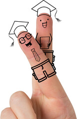 Anthropomorphic smiley faces on fingers over white background